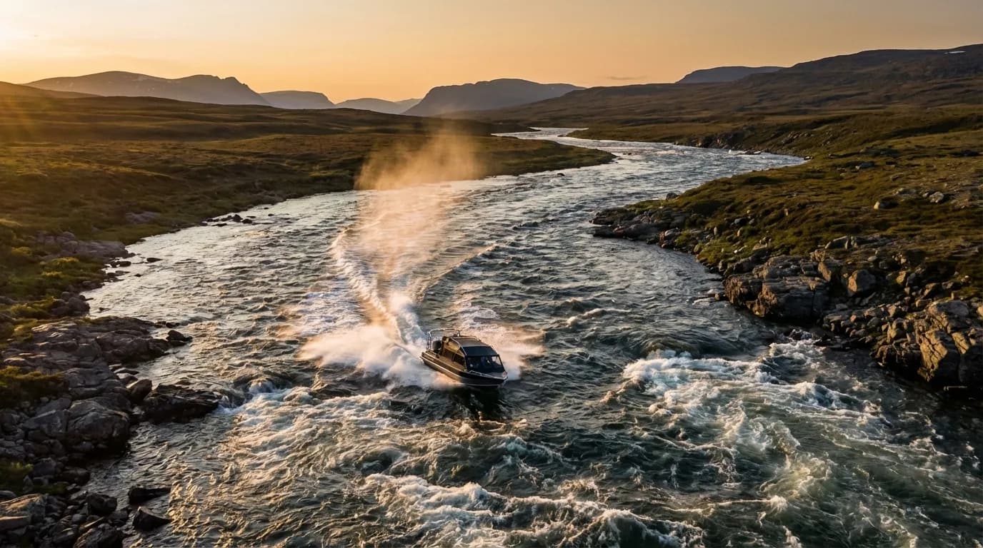 Водомётная лодка на реке Умба, Кольский полуостров